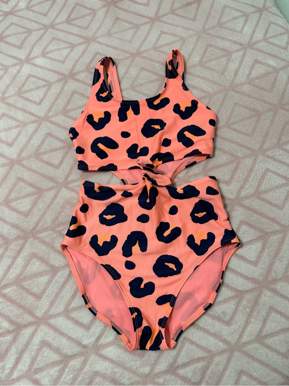 Girls sz 10/12 Art Class Coral & Navy leopard print One piece cutout Swimsuit